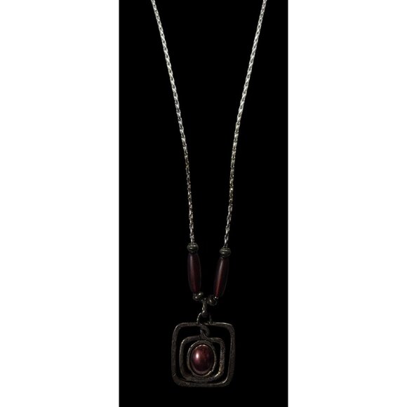 Brutalist Abstract Silver Tone Pendant Necklace With Burgundy Metallic Accents - Picture 6 of 8